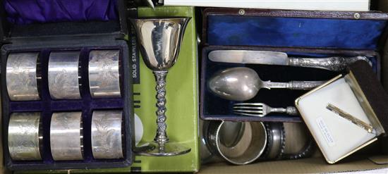Assorted silver including napkin rings and cased Victorian christening trio and a small group of plated ware.
